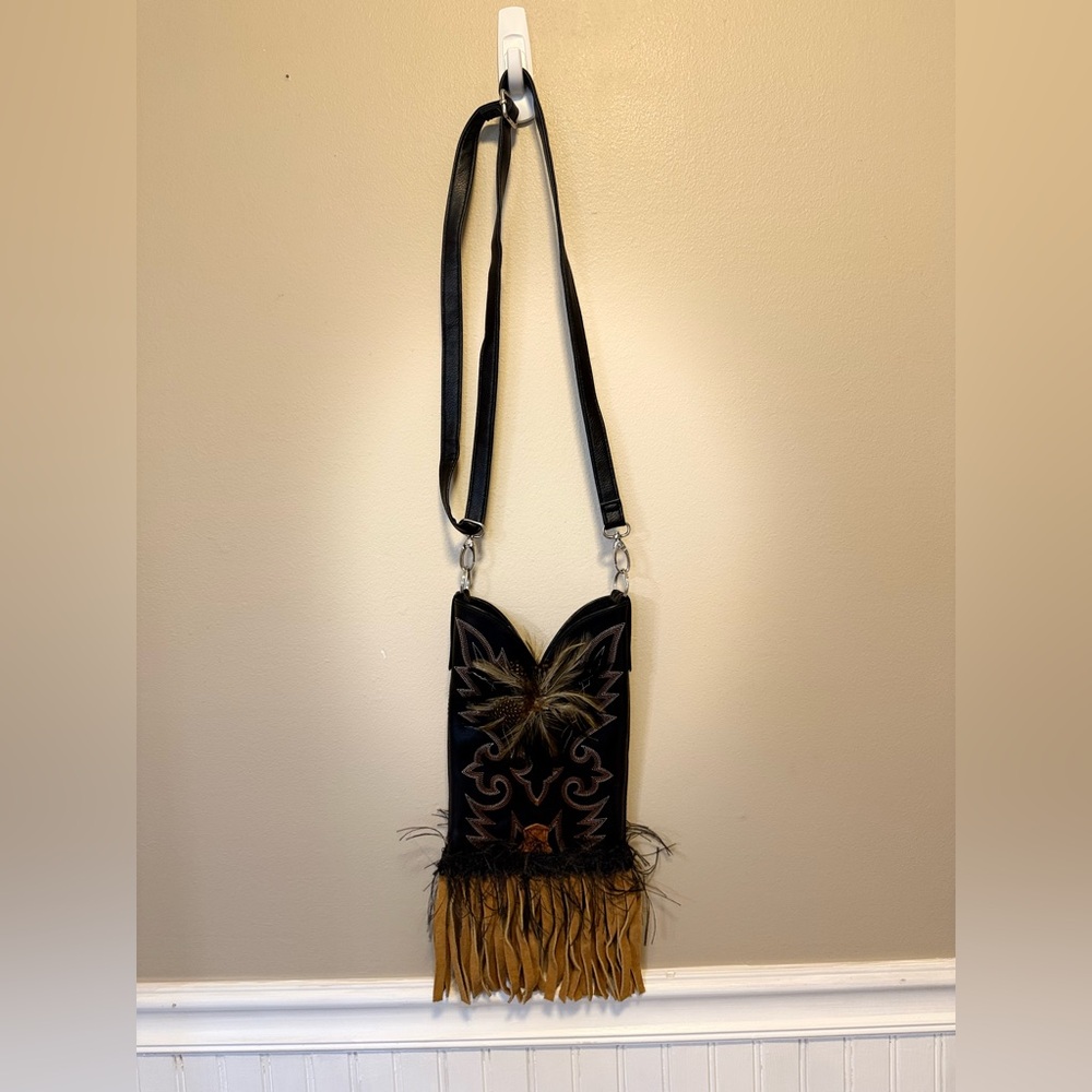 Black and Gold Crossbody Bag with Fringe